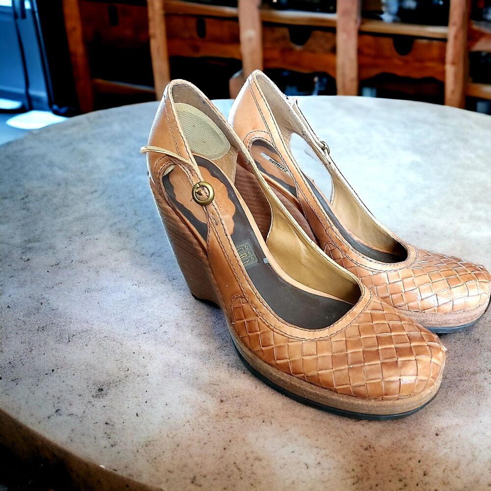 SCHUTZ Tan Woven Leather Wedge Pumps